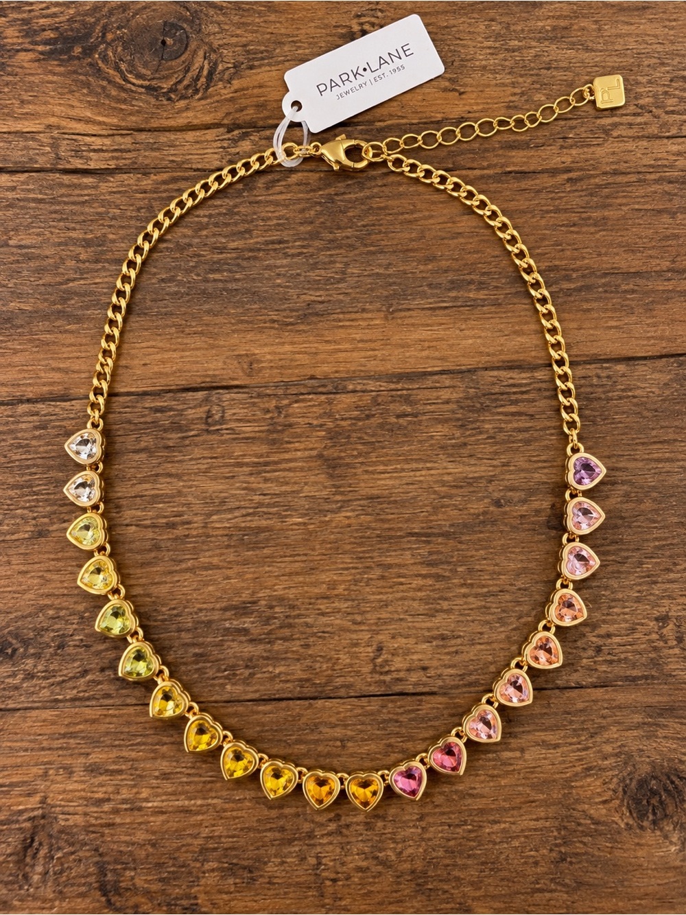Park Lane Gold Heart Necklace with Rainbow Crystal Hearts